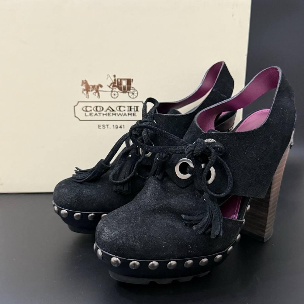 COACH Poppy Rena Black Suede Slingback Wooden Heels Platform Sandals Size 5.5M